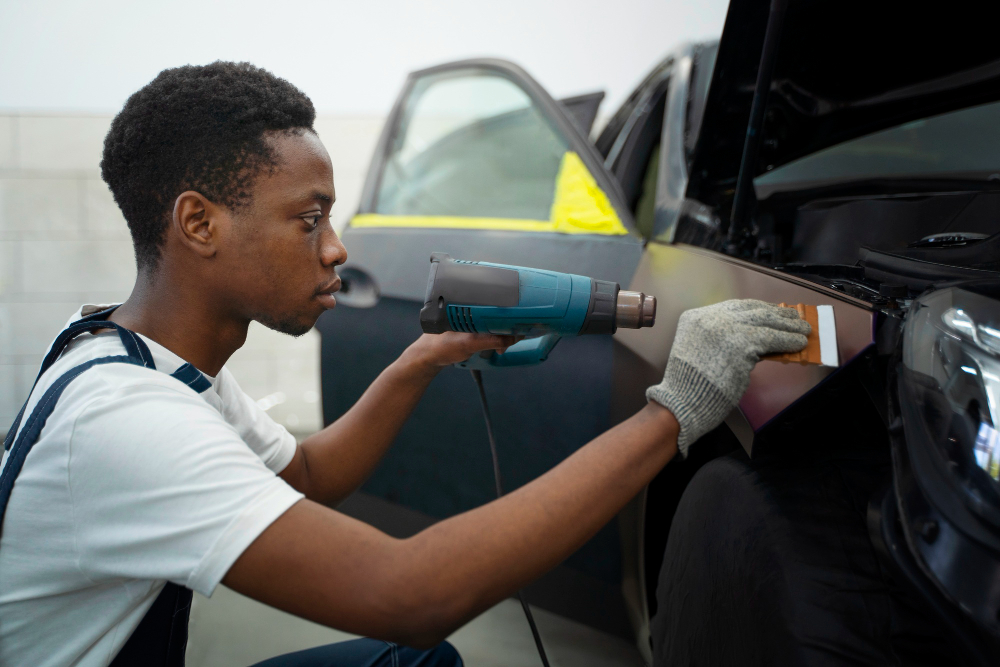 Technician applying vehicle wrap vinyl with a heat gun